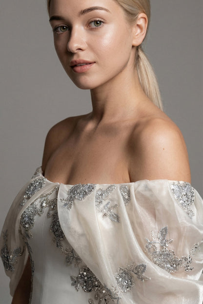 Off-Shoulder Beaded Organza Gown