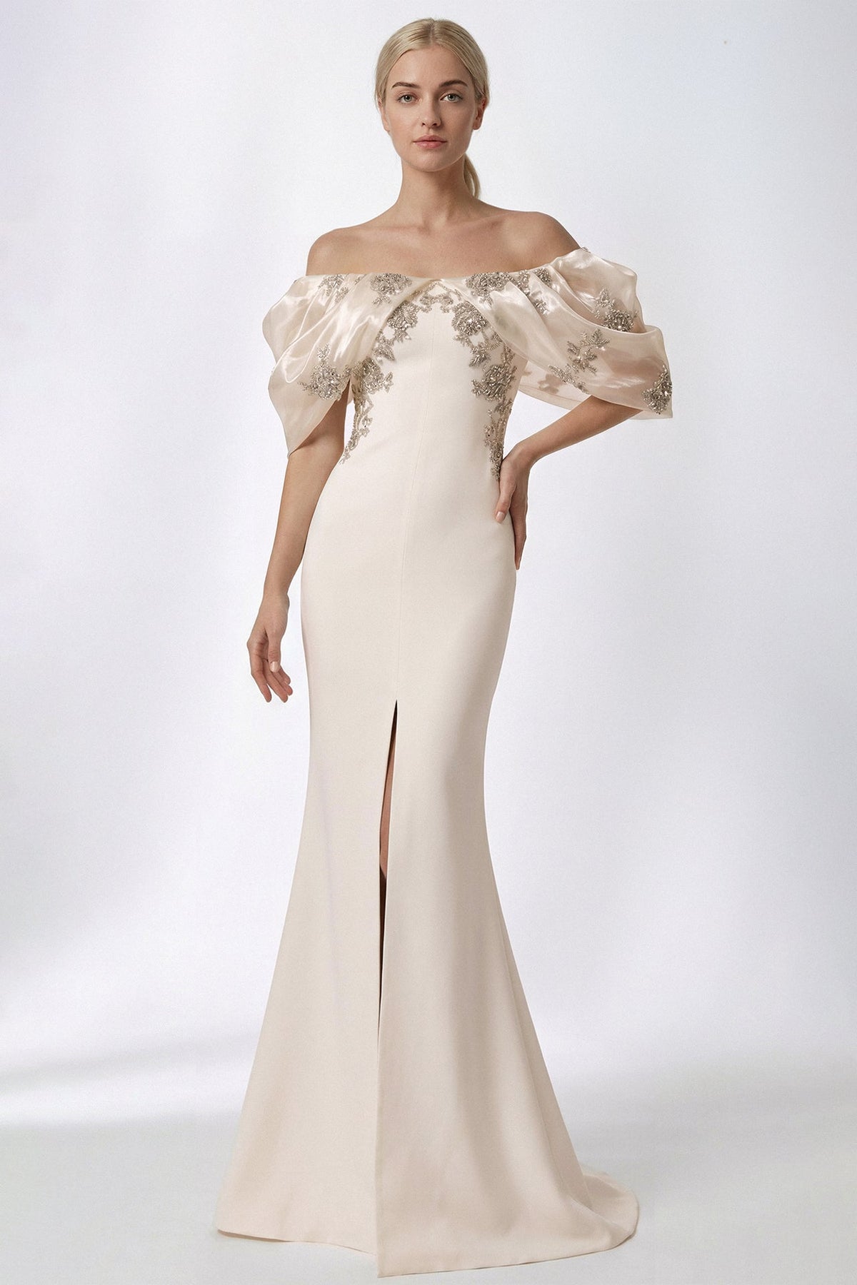 Off-Shoulder Beaded Organza Gown