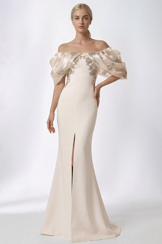 Off-Shoulder Beaded Organza Gown