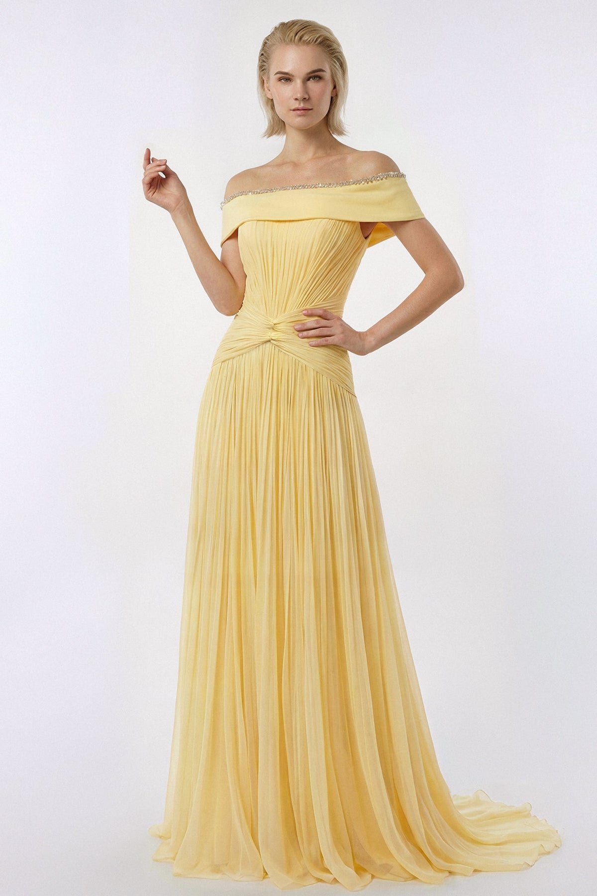 Portrait-Collar Draped Chiffon Gown
