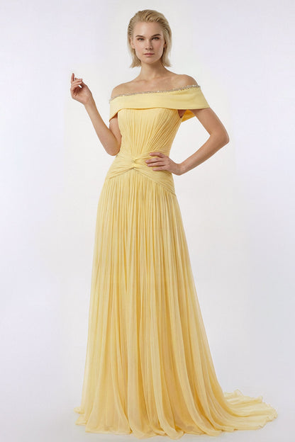 Portrait-Collar Draped Chiffon Gown