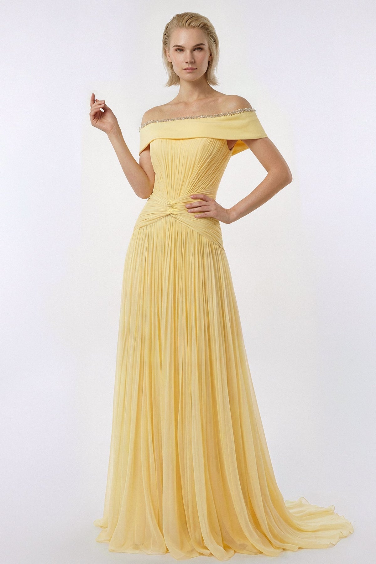 Off-Shoulder Pleated Chiffon Gown