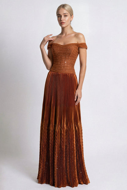 Off-Shoulder Pleated Lamé Gown