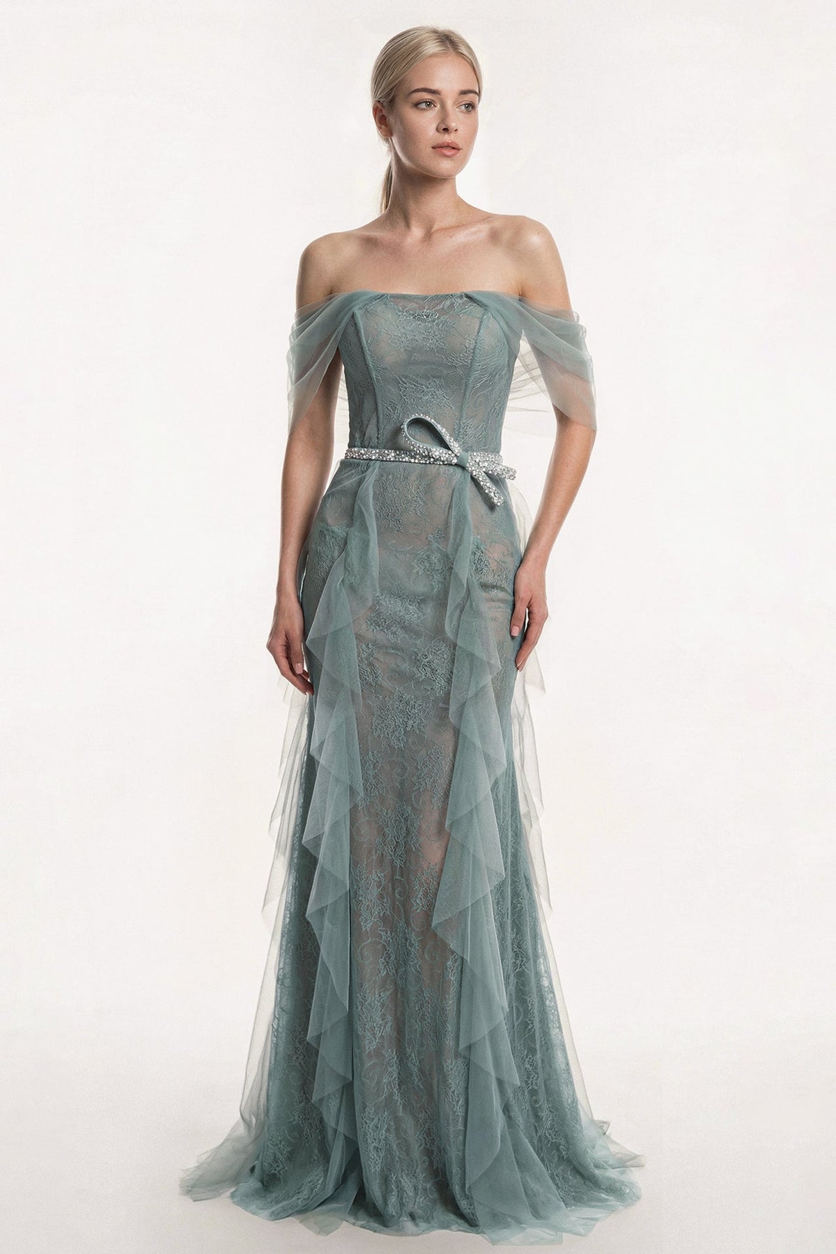 Off-Shoulder Lace Ruffle Gown
