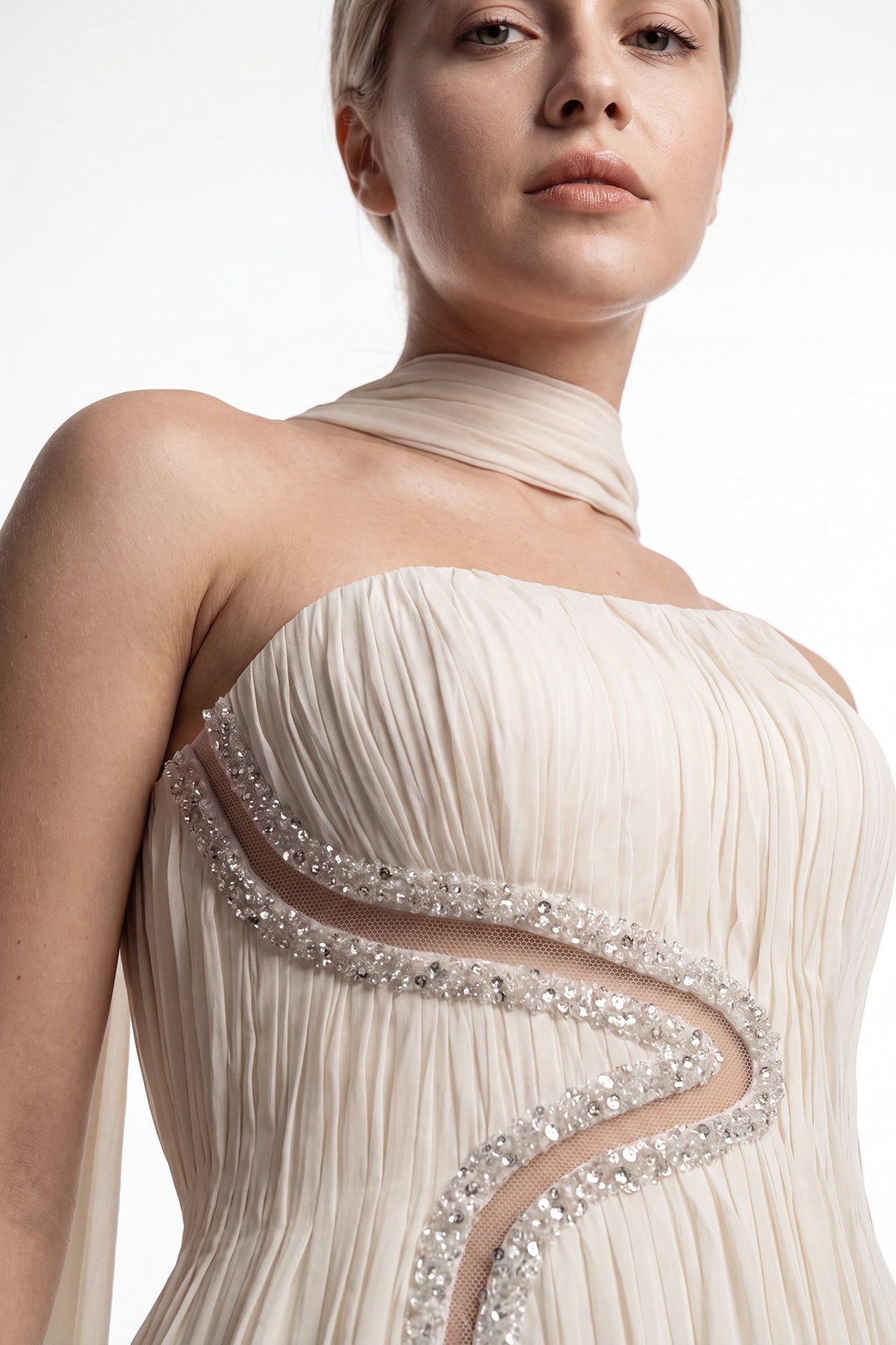 One-Shoulder Pleated Chiffon Gown