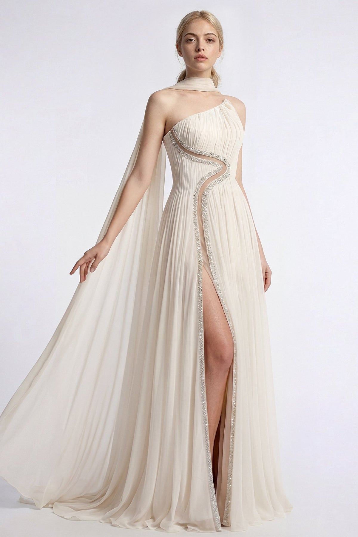 One-Shoulder Pleated Chiffon Gown