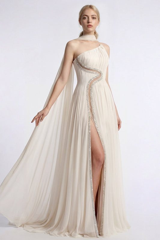 One-Shoulder Pleated Chiffon Gown