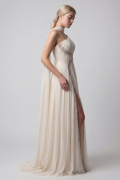 One-Shoulder Pleated Chiffon Gown