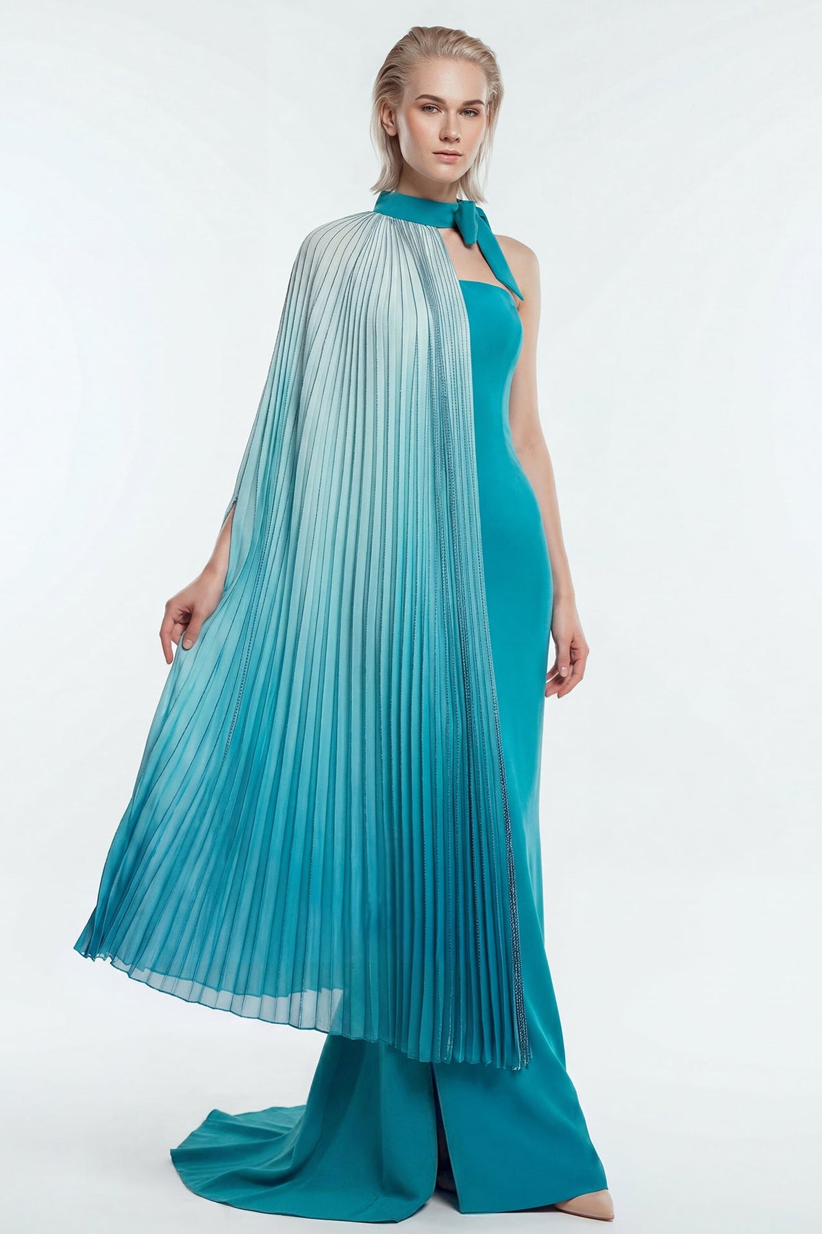 Ombré Pleated Cape Gown