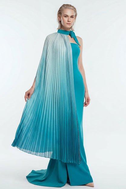 Ombré Pleated Cape Gown