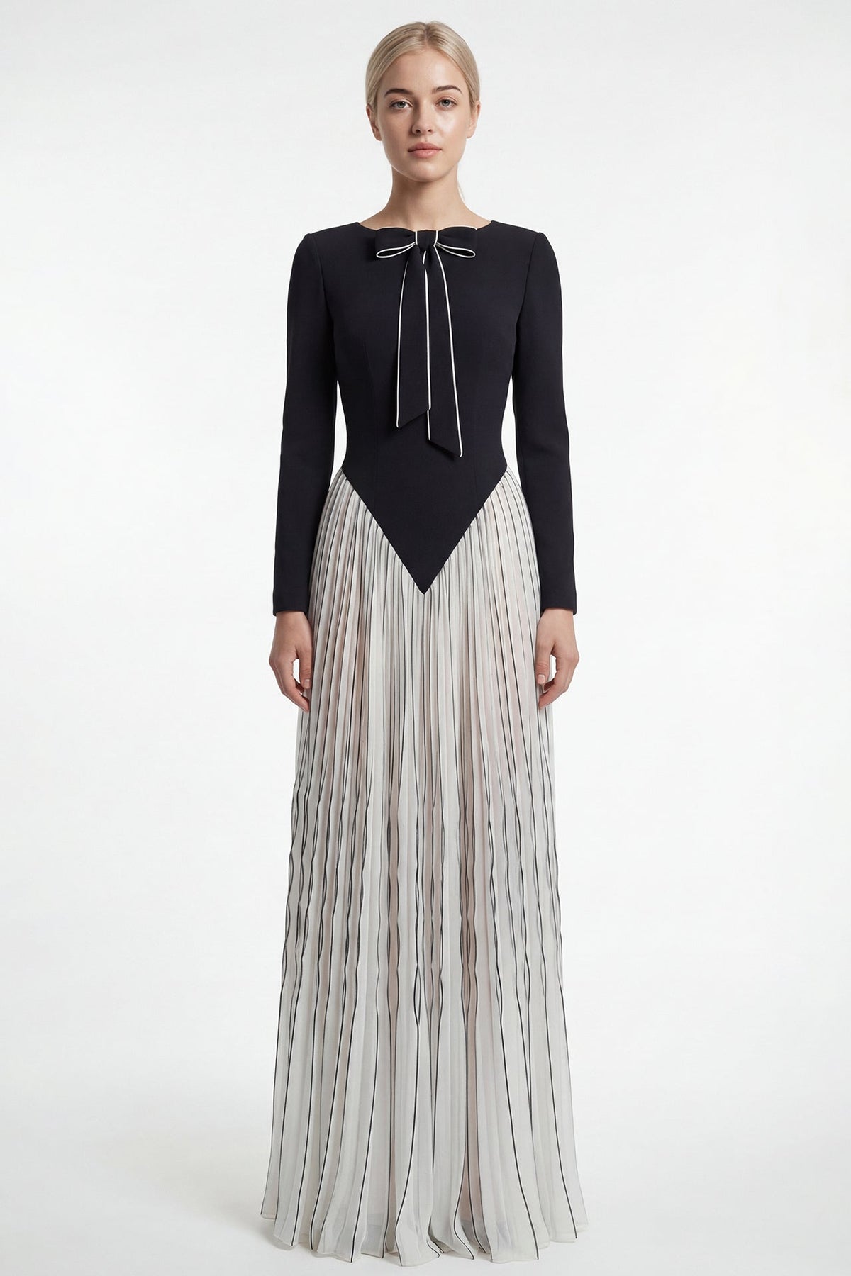 Pointed-Waist Pleated Gown