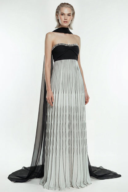 Pleated Sheer-Cape Gown