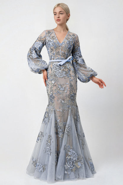 Balloon-Sleeve Embroidered Mermaid Gown