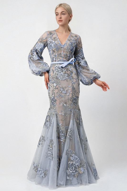 Floral-Embroidered Balloon-Sleeve Gown