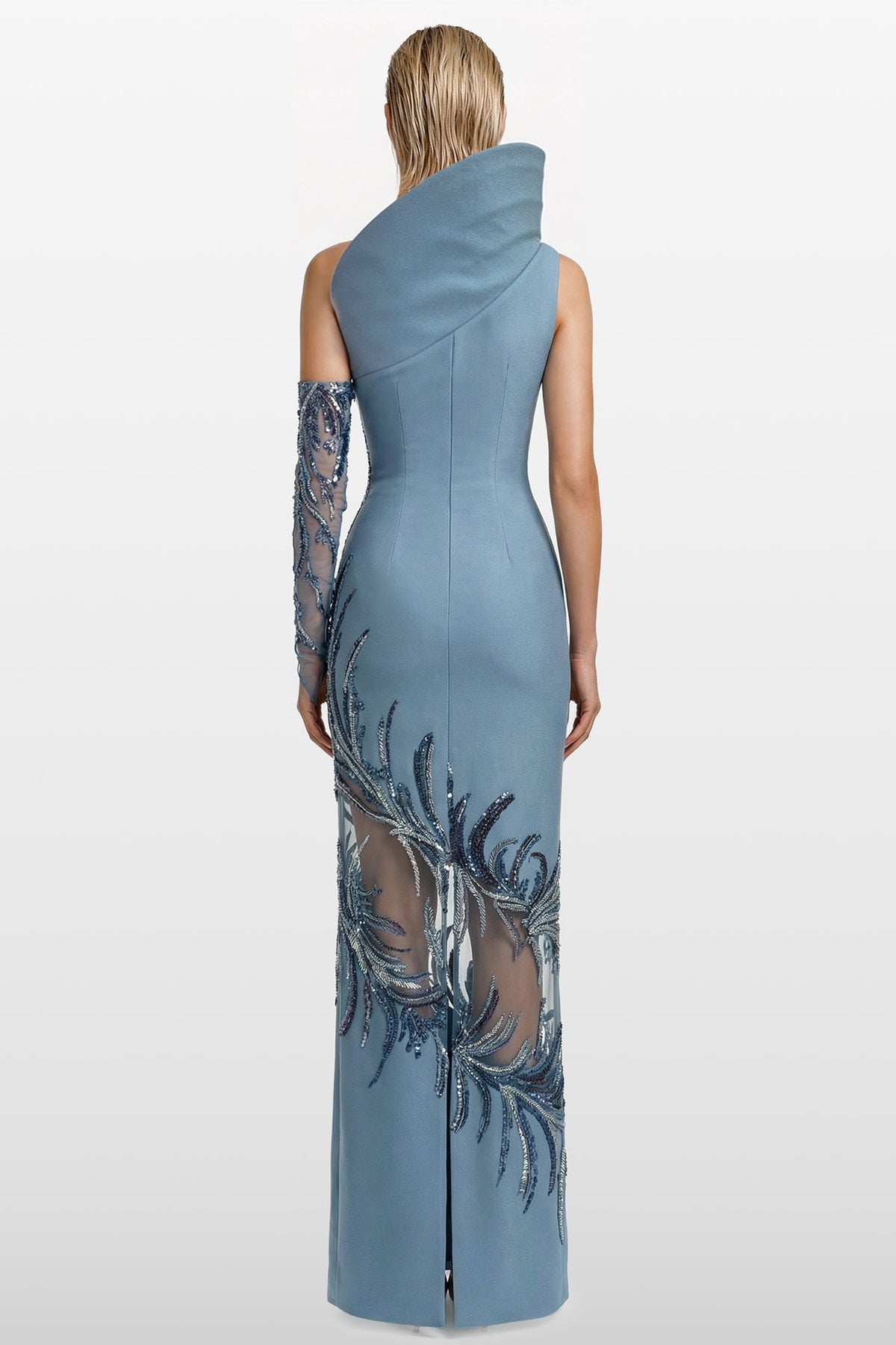 Sculpted-Collar Embroidered Gown