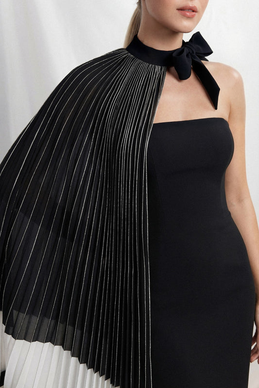 Strapless Pleated Cape Gown