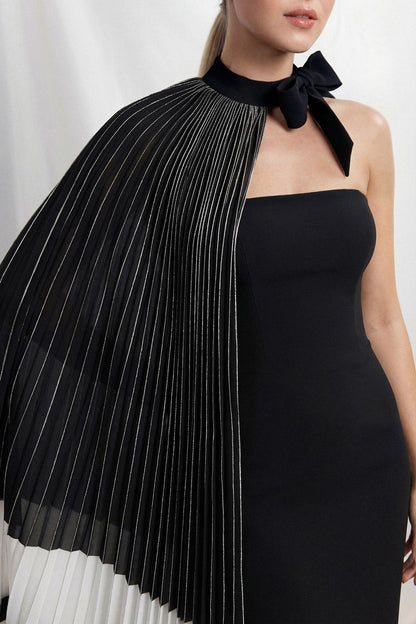 Strapless Pleated Cape Gown