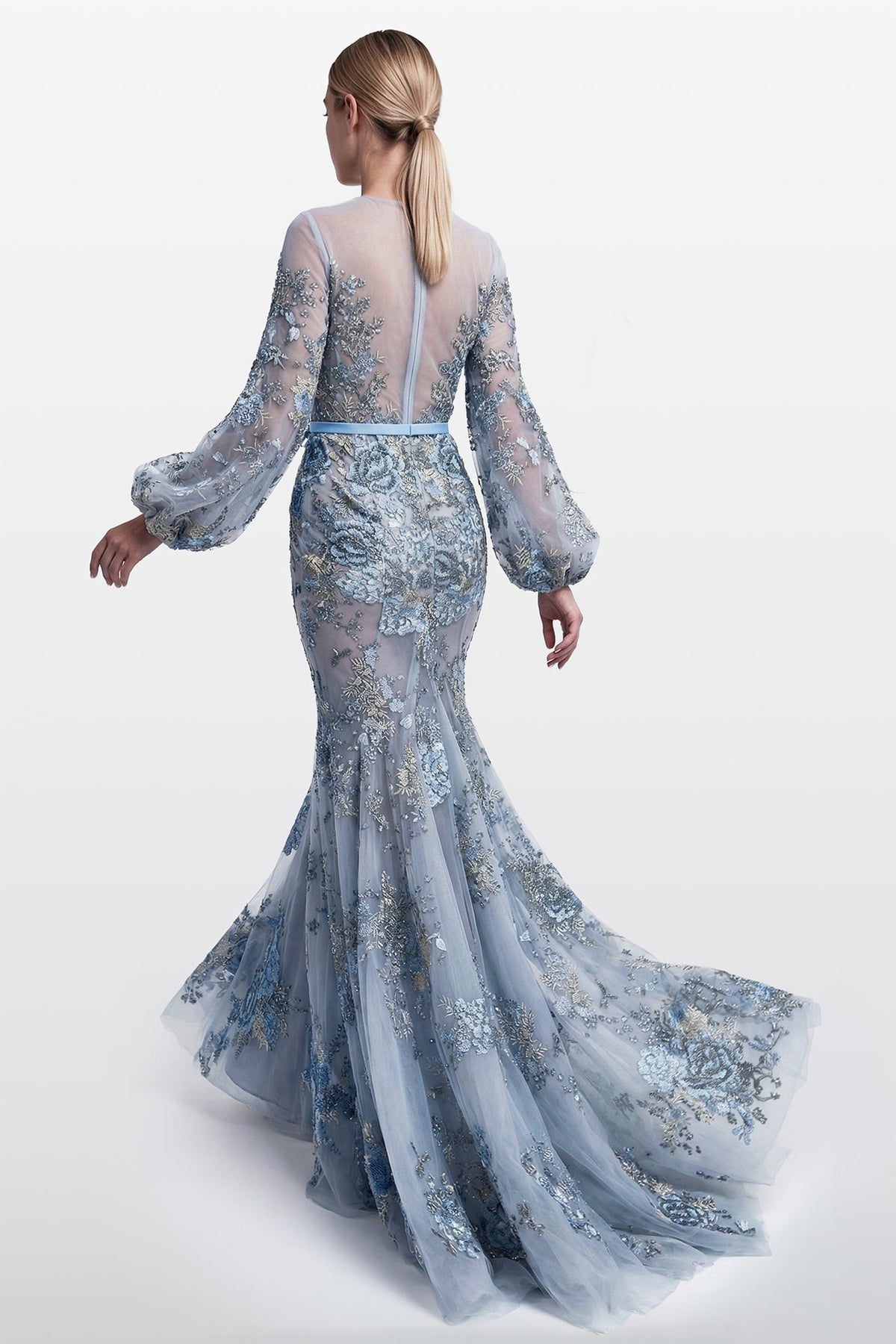 Floral-Embroidered Balloon-Sleeve Gown