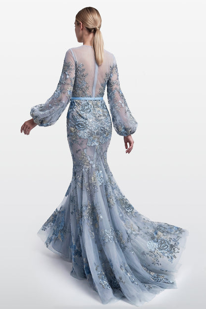Floral-Embroidered Balloon-Sleeve Gown