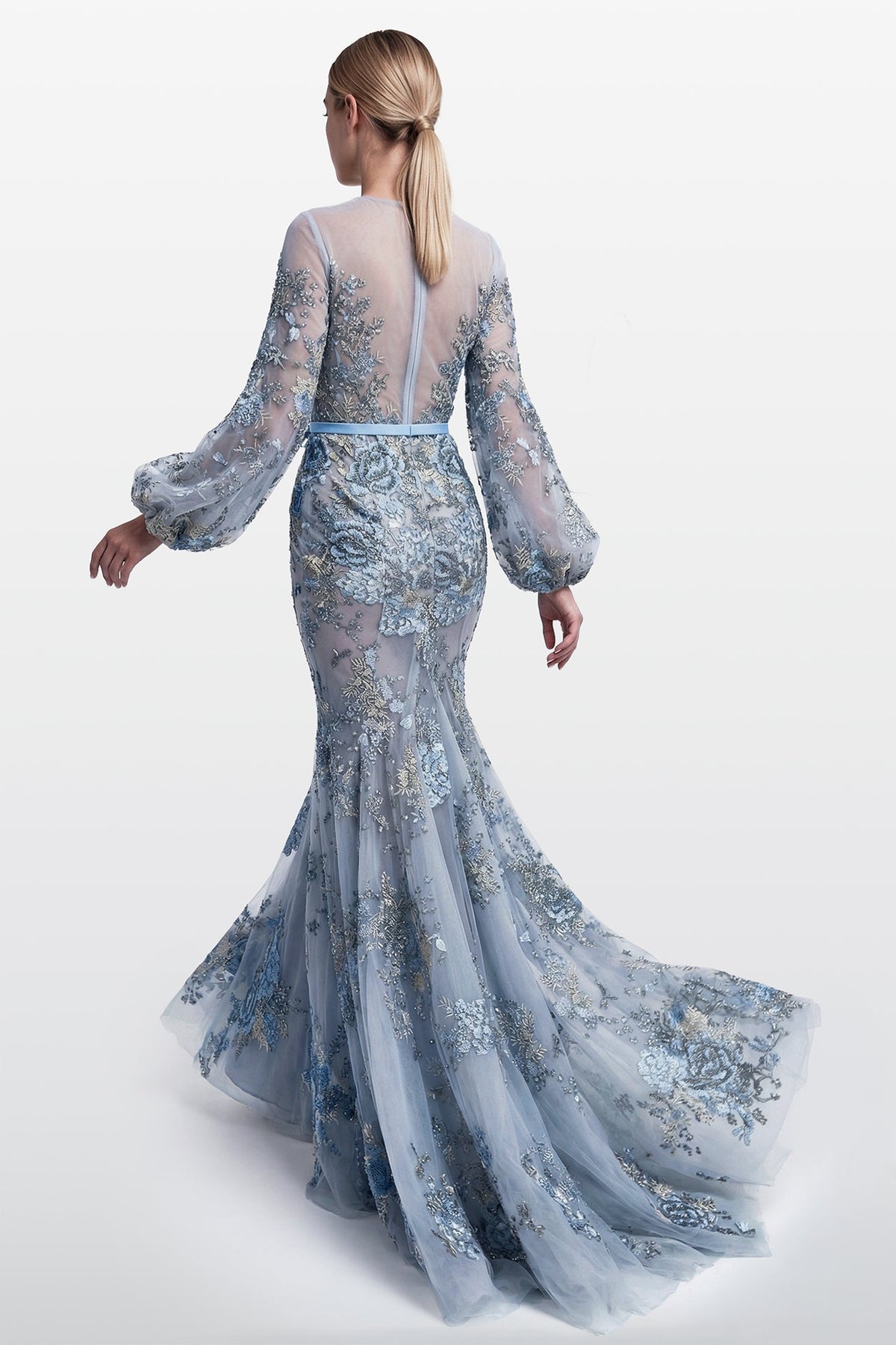 Balloon-Sleeve Embroidered Mermaid Gown