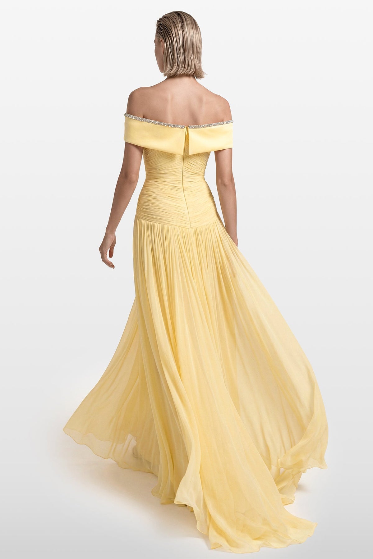 Portrait-Collar Draped Chiffon Gown