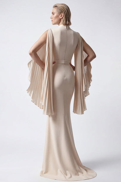 Pleated Cape-Sleeve Gown