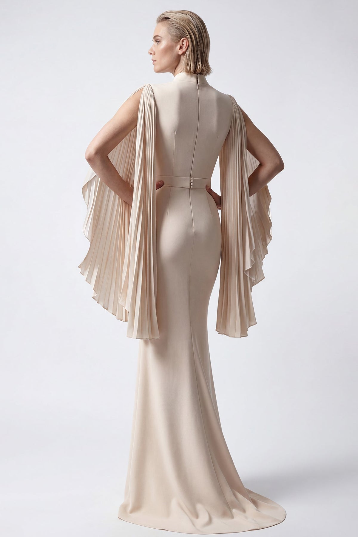 Pleated Cape-Sleeve Gown