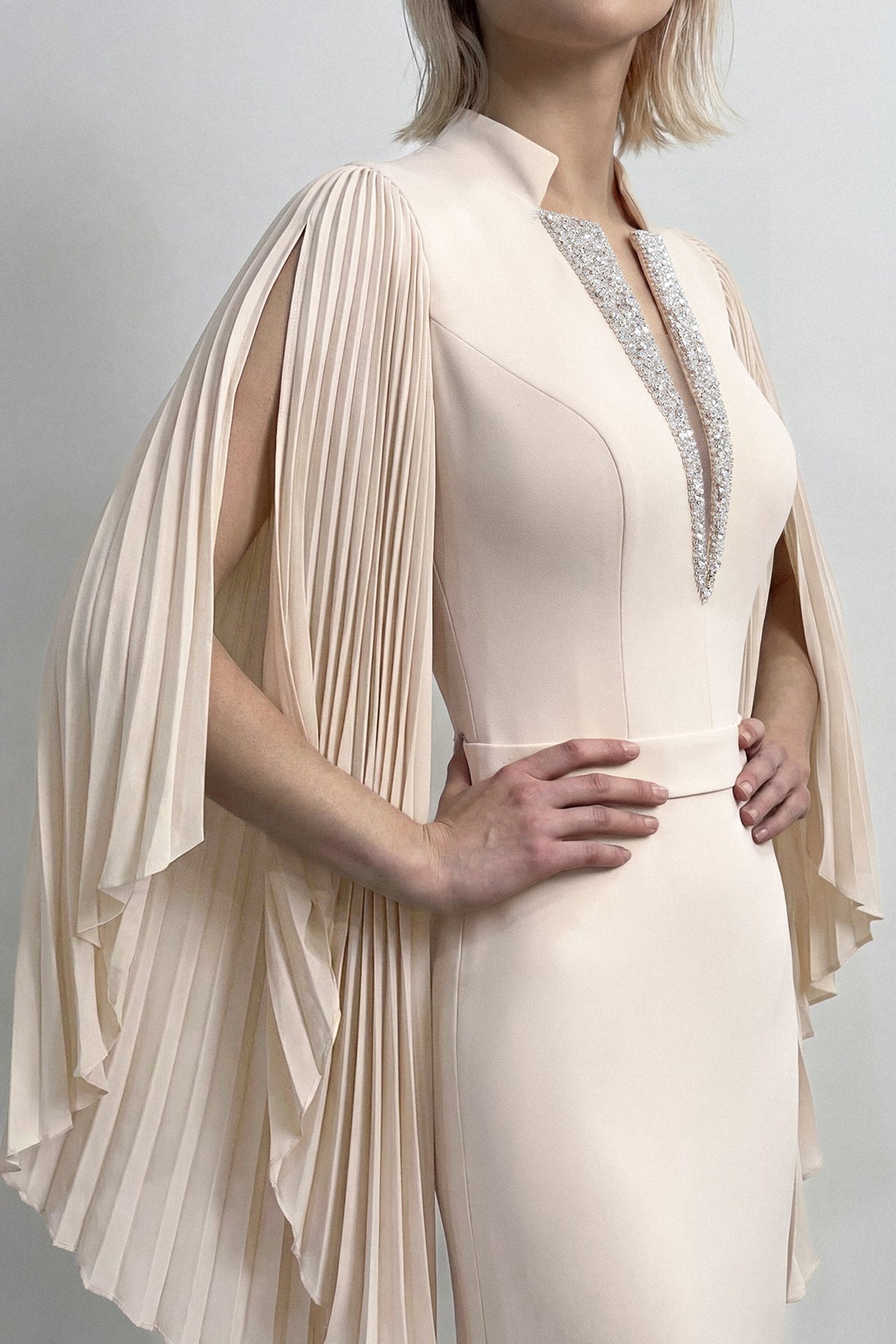 Pleated Cape-Sleeve Gown