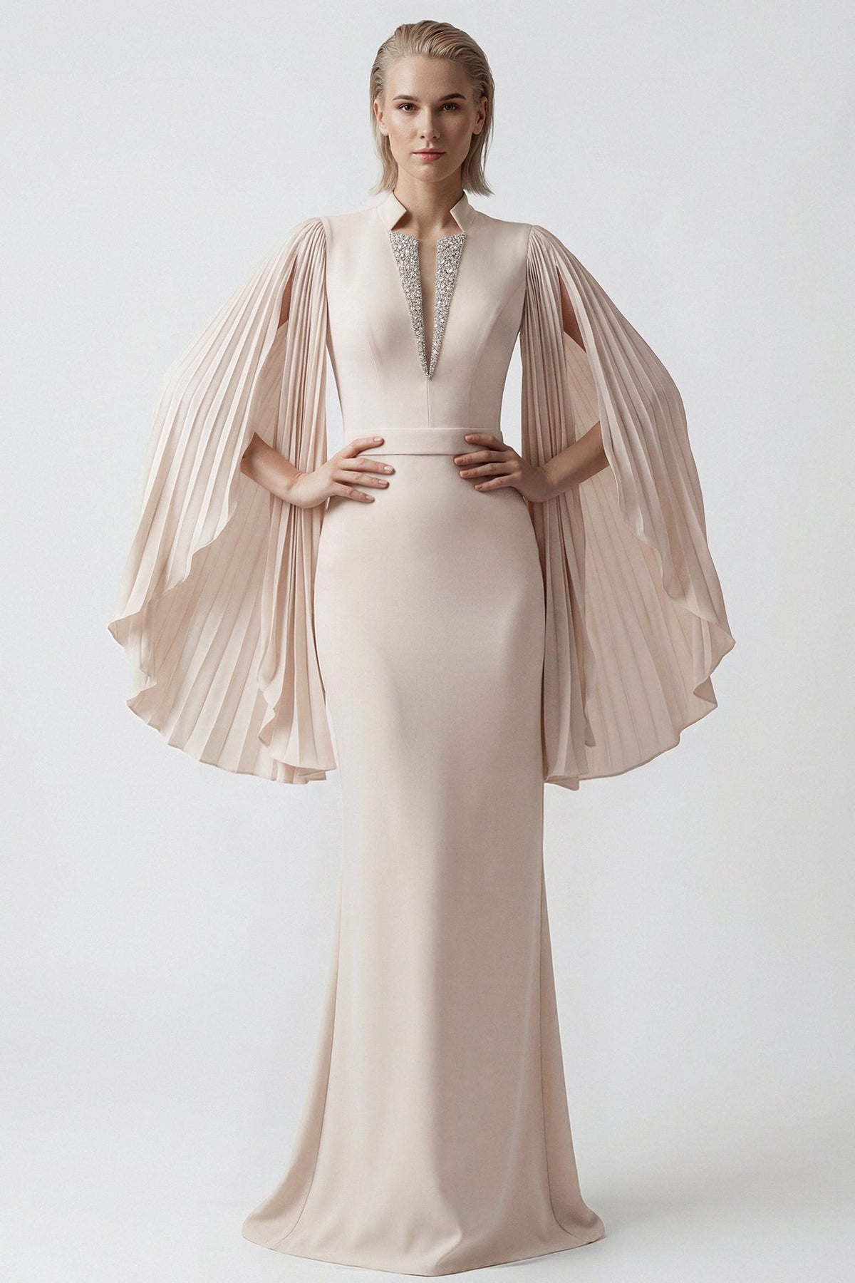 Pleated Cape-Sleeve Gown