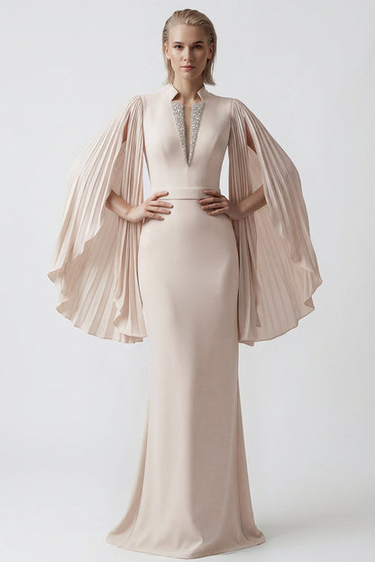 Pleated Cape-Sleeve Gown