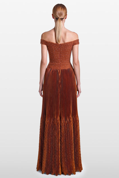 Off-Shoulder Pleated Lamé Gown