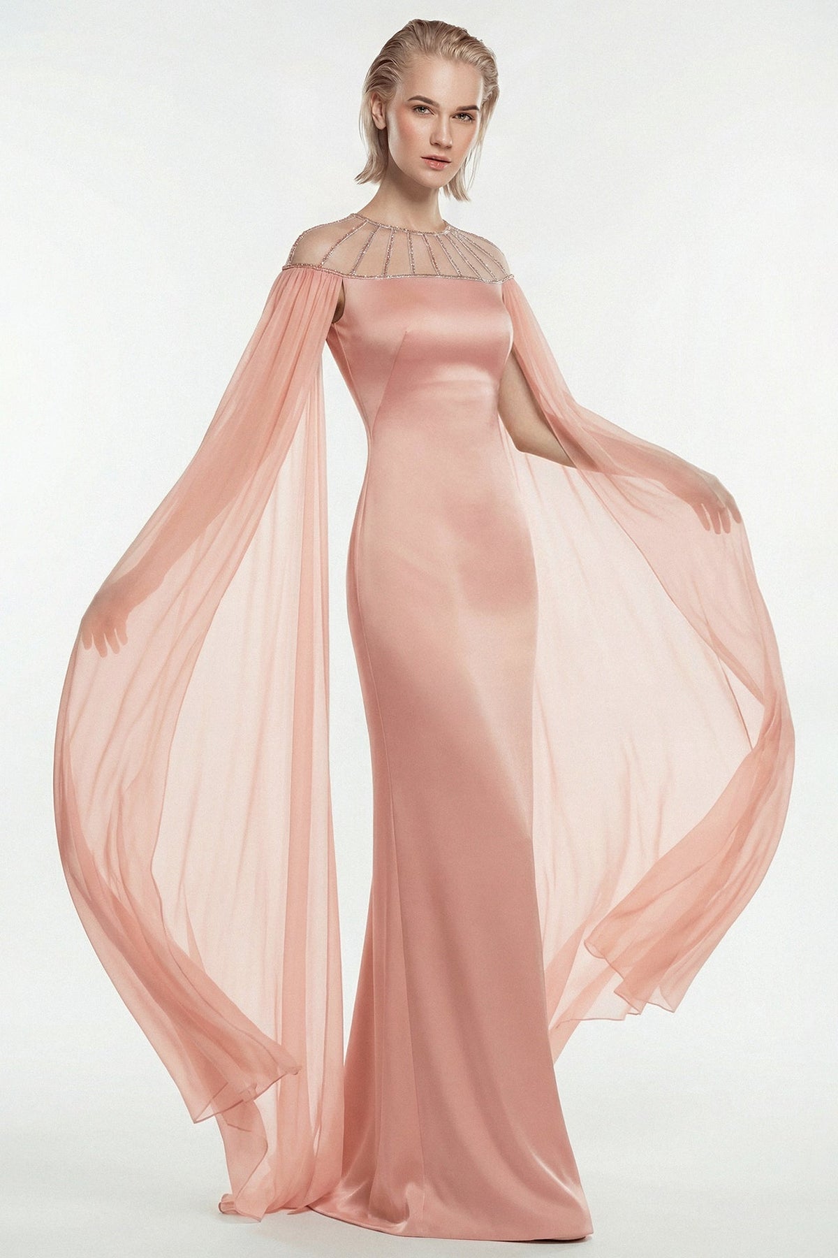 Beaded Illusion Satin Gown