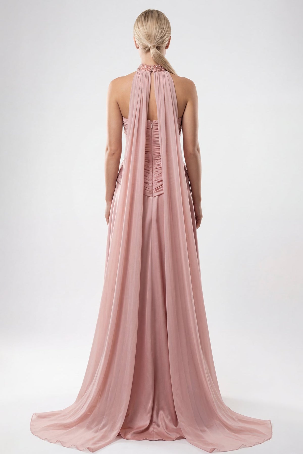 Beaded-Choker Ruched Satin Gown
