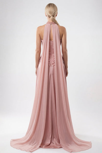 Beaded-Choker Ruched Satin Gown