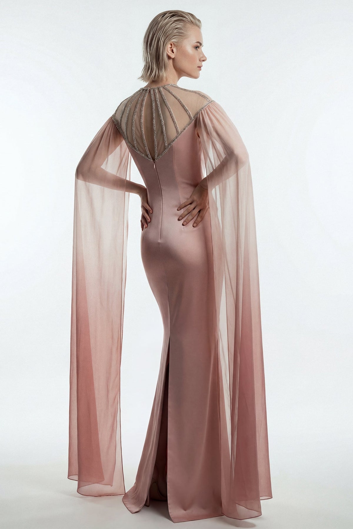 Beaded Illusion Satin Gown