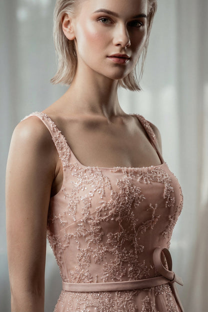 Square-Neck Floral Embroidered Gown