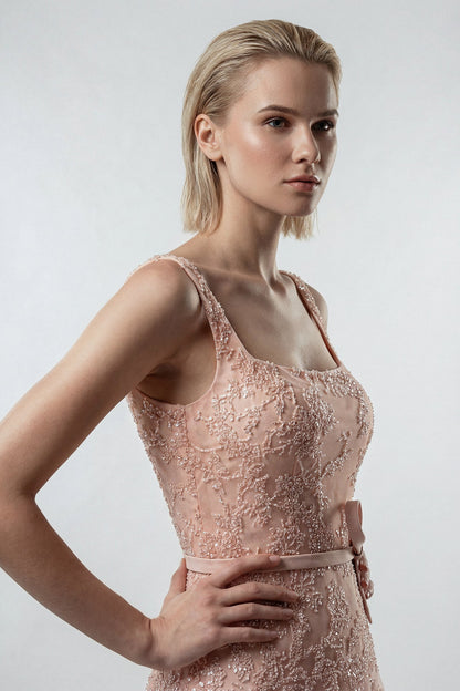 Square-Neck Floral Embroidered Gown