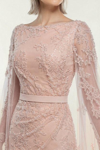 Embroidered Tulle Cape Gown
