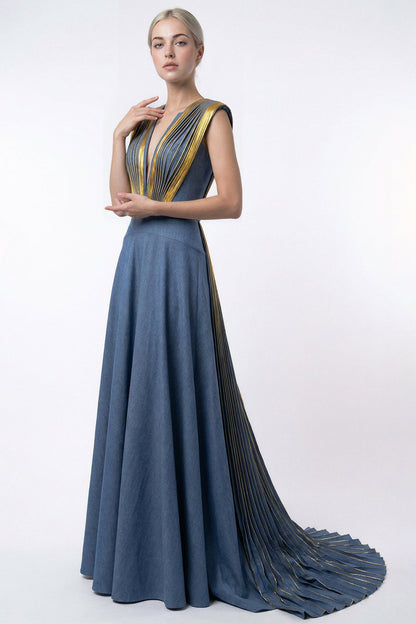 Plunging V-Neck Pleated Gown