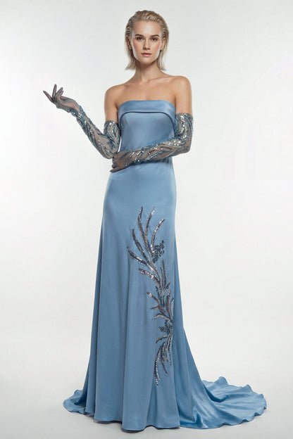 Strapless Satin Embroidered Gown