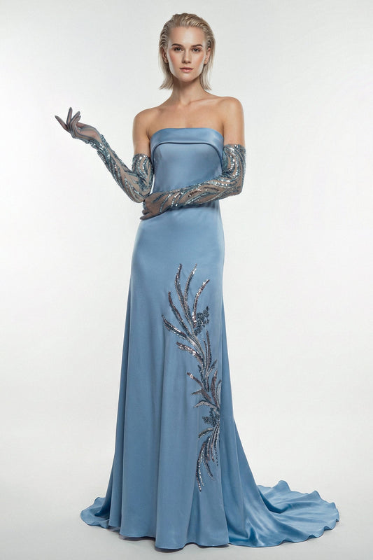 Strapless Satin Embroidered Gown