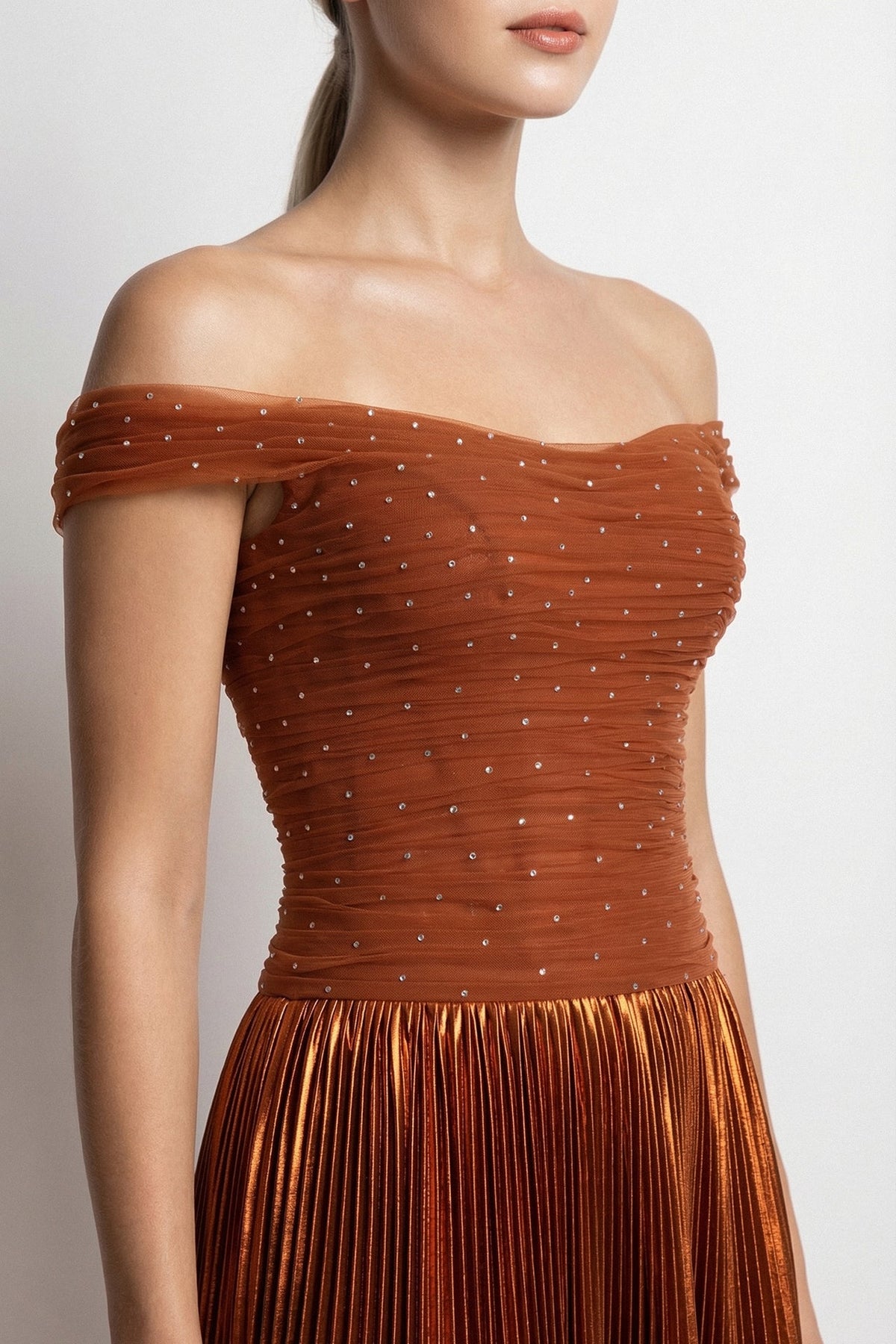 Off-Shoulder Pleated Lamé Gown