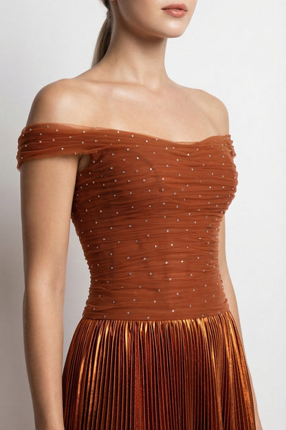 Off-Shoulder Pleated Lamé Gown