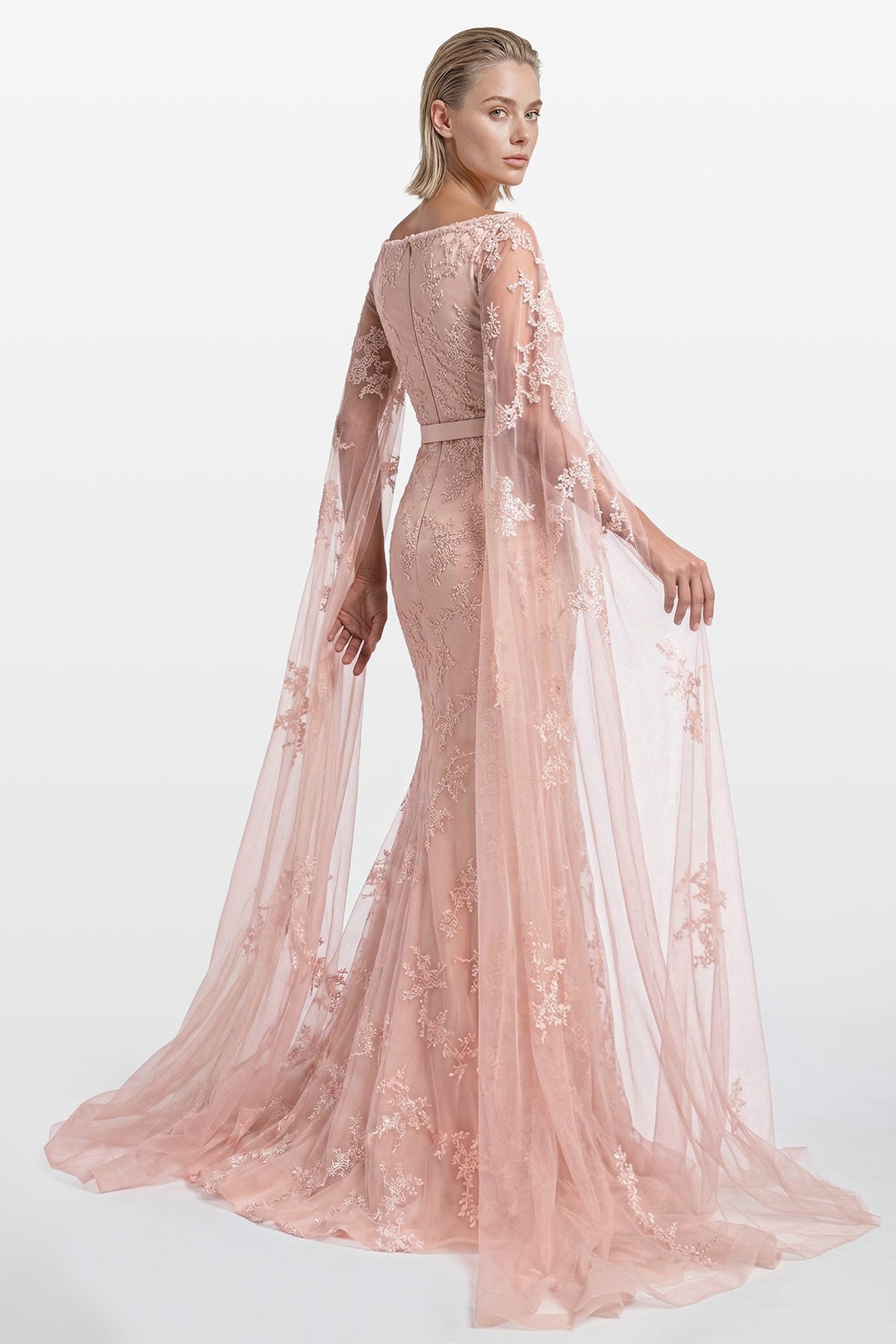 Embroidered Tulle Cape Gown