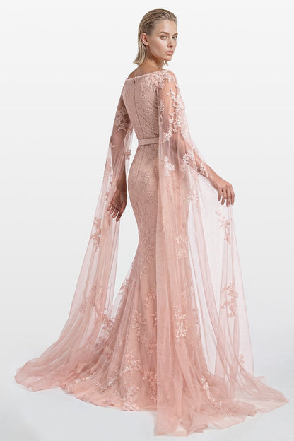 Embroidered Tulle Cape Gown
