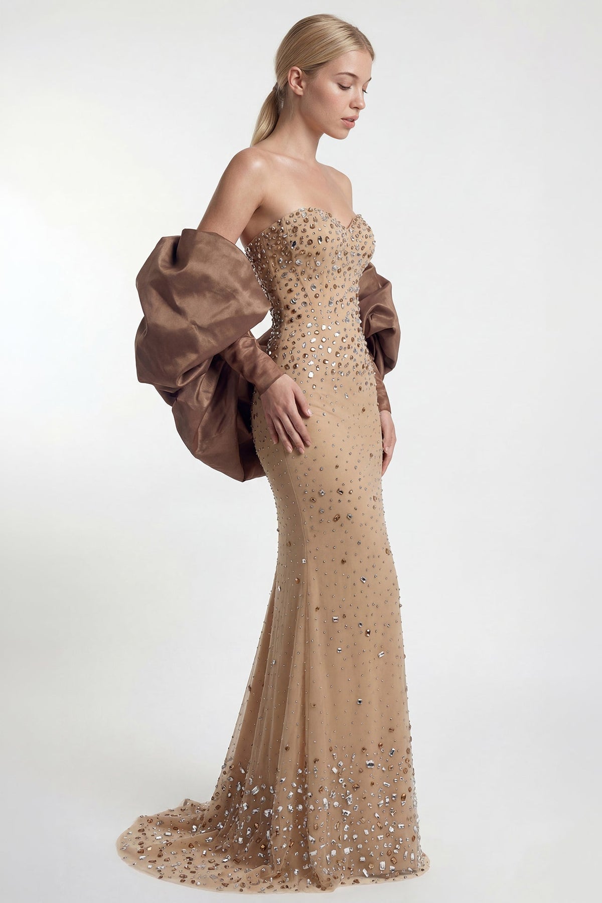 Strapless Crystal Bolero-Sleeve Gown