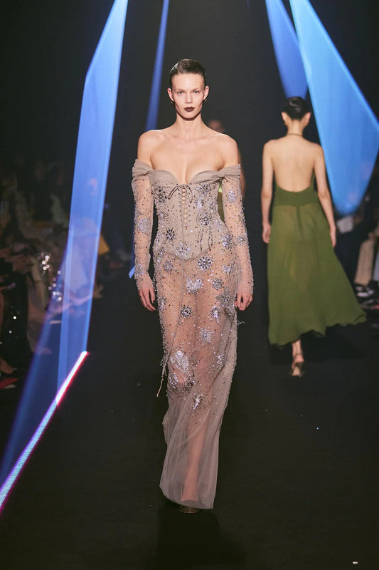 Off-Shoulder Beaded Long Dress