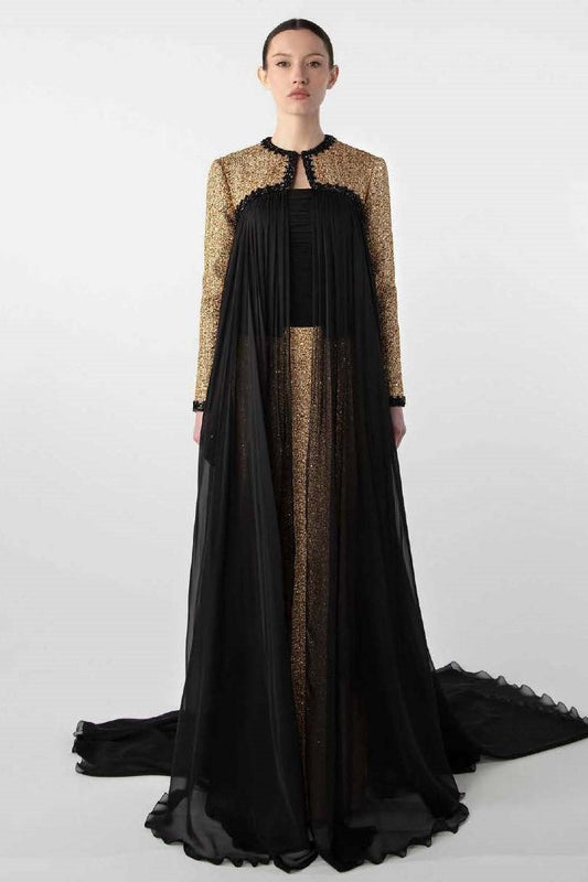 Strapless Tweed and Chiffon Gown with Jacket