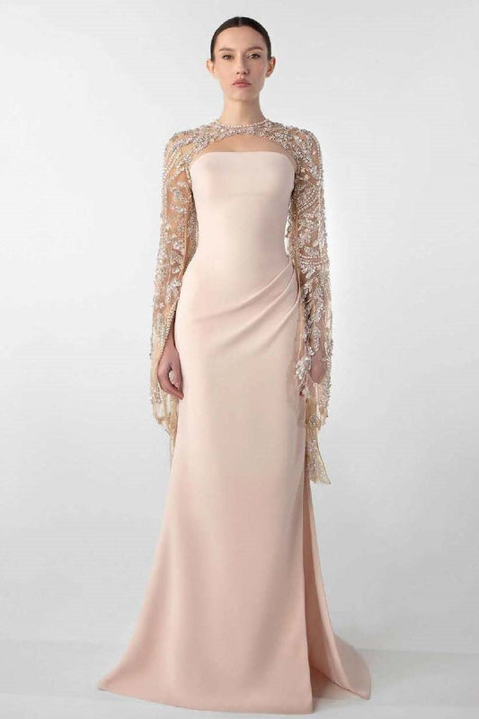 Crepe Gown with Embroidered-Bolero