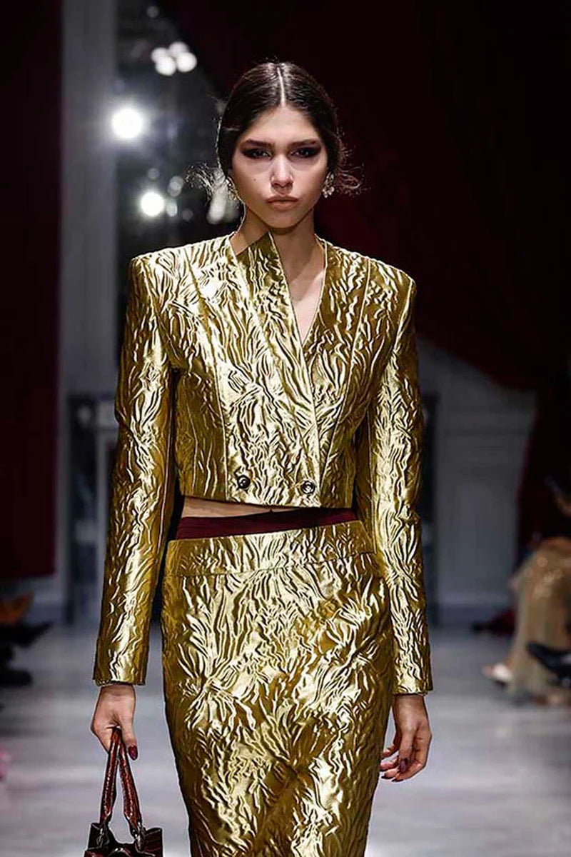 Hema Embossed Gold Cropped Blazer